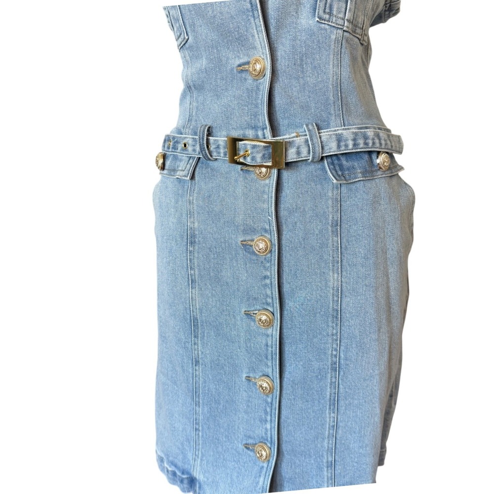 Generation Love New York Light Wash Denim Sleeveless Belted Mini Dress Size 6 - Picture 2 of 8
